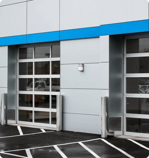 Aluminum glass panel doors in New York, NYC, and Northern New Jersey for car dealerships, firehouses, and more.
