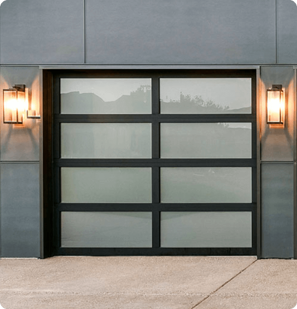 Custom glass panel garage door design and install services, Garage Door Customs.